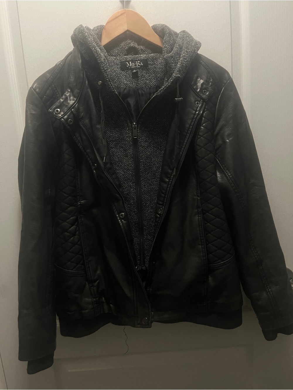 Mo-Ka Black Quilted Faux Leather Jacket with Gray Knit Hoodie Insert